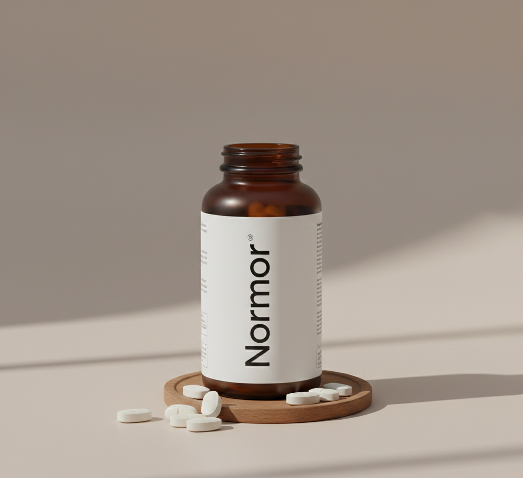 Упаковка Normor - натуральний засіб для підтримки нормального артеріального тиску у вигляді капсул, зелена упаковка з білим написом на нейтральному фоні